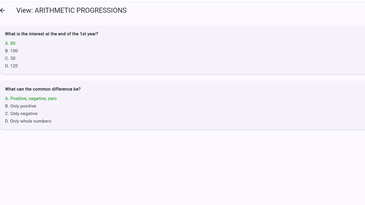 Viewing saved questions – correct answers shown in green